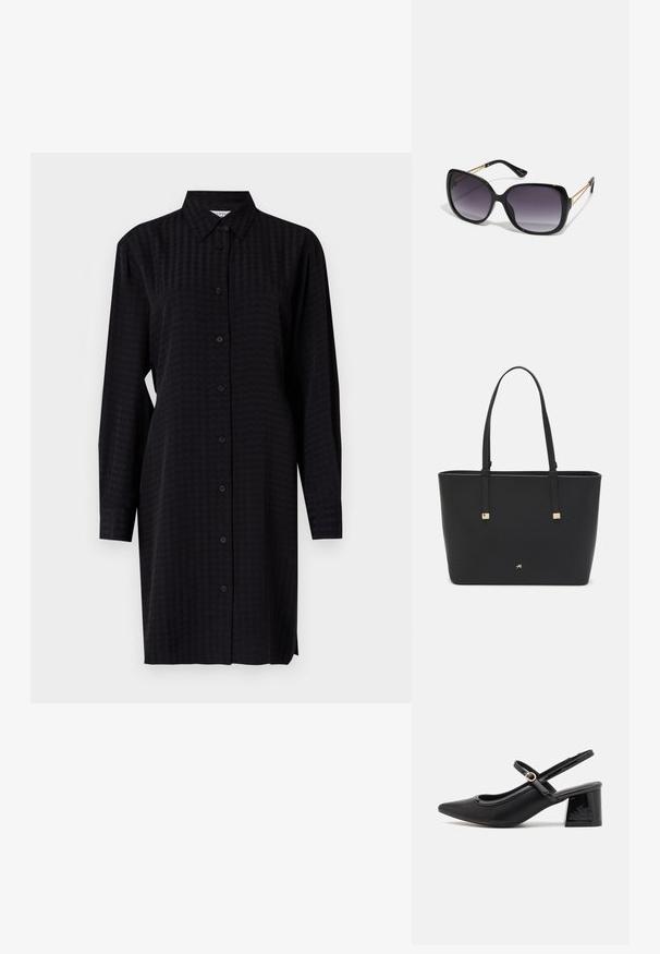 Melna pogu krekla kleita ar garām piedurknēm, kas izgatavota no tekstūrēta auduma un ir taisna griezuma, sasniedzot viduvējas augšstilba garumu.; Melns patentēts ādas sandales ar norādīta pirksta formu, noapaļotu izgriezuma dizainu un bloķētu papēdi. Iezīmēta ar zelta toņa sprādzi.; Melni pārmērīgi lieli saulesbrilles ar gradāciju lēcām, biezām rāmja malām un zeltainas krāsas ķēžu detaļām uz tempļiem.; Melnā somiņa, kas izgatavota no sintētiska materiāla, ar vienkāršu taisnstūra formu, zelta kvadrātveida akcentiem un divām rokturiem.