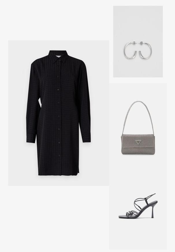 Fekete gombos ingruha hosszú ujjal, textúrált anyagból, egyenes szabással, térd felettig ér.; Fekete magas sarkú szandálok vékony pántokkal, csomózott mintával, sima négyzetes orral és karcsú stiletto sarkal rendelkeznek.; Világosszürke fémes kézitáska lánc pánttal, kis kör alakú fém kifinomult díszítéssel és háromszög alakú márkagéppel.; Ezüst karika fülbevalók sima, fényes felülettel. Lekerekített forma, könnyű kialakítással, tűs zárómechanizmussal.