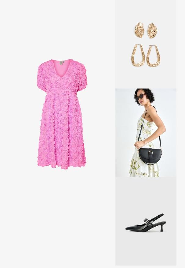 Vestido rosa com decote em V, mangas curtas bufantes e um tecido texturizado coberto por padrões de rosas tridimensionais.; Saltos slingback em verniz preto com bico pontiagudo e um pequeno salto bloco, apresentando um detalhe de fivela prateada na tira.; Bolsa de couro preta com forma curva, alça destacável e detalhes em dourado. A bolsa possui uma aba com detalhe de fivela.; Brincos em tom de ouro com formas onduladas e texturizadas. Inclui studs escultóricos com presilha e um design de argola aberta com um acabamento martelado.