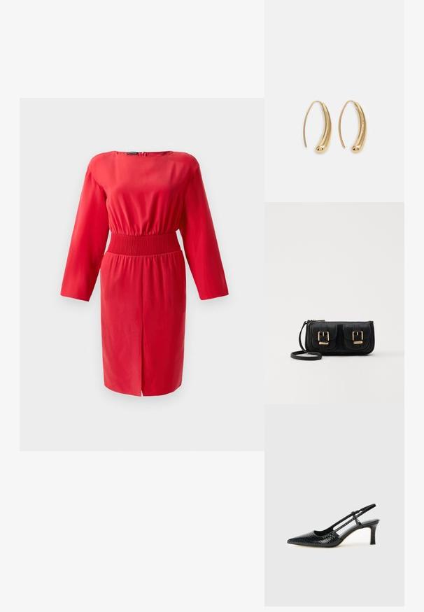 Piros ruha hosszú ujjakkal és gumis derekkal. Sima anyag, térdig érő szegély, és hátsó cipzárral. Egyszerű, testhez simuló fazon minta nélkül.; Fekete lakk slingback sarok, hegyes orral, texturált kígyómintával, állítható pánttal és rövid, texturált tömbsarkal.; Fekete bőr keresztbody táska két elülső zsebbel, arany csattokkal, cipzáras záródással és vékony pánttal. Textúrált felület és kompakt téglalap alak.; Aranyszínű fémből készült karika fülbevalók ívelt, hosszúkás formával. Simaságával és fényes felületével, valamint lekerekített végével további részletekkel bővül.
