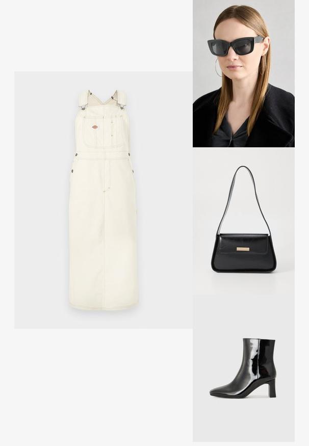 Lys beige denim overallkjole med justerbare stropper, frontlomme og metallisk tilbehør. Lang silhuett med sømdetaljer.; Sorte patentlær ankle boot med spiss tå og en mellomhøy blokkhelt. Glatt tekstur og minimalistisk design.; Sorte katteøyne solbriller med mørke linser, tykke rammer og subtile detaljer. Båret med en svart frakk og grå topp, med langt, rett hår.; Svart lærveske med en strukturert, triangulær form, tynn stropp og detaljer i gulltone som har en logo-plakett på den fremre klaffen.