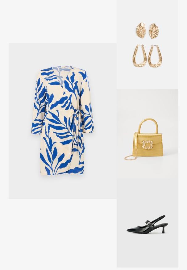 Zavinovacie šaty z béžovej látky s modrým listovým vzorom. Majú hlboký výstrih do V a trojštvrťové rukávy, v páse ich drží zaväzovanie.; Čierne patentové kožené sandále na podpätku so špicatou špičkou a malým blokovým podpätkom, s dekoratívnou striebornou sponou na remienku.; Žltá falošná krokodília kabelka so štruktúrovaným dizajnom, horným držadlom, odnímateľným reťazovým popruhom a dekoratívnym kryštálovým ozdobením na zapínaní.; Náušnice v zlatej farbe s textúrovanými, vlnitými tvarmi. Obsahujú sochárske klipsové náušnice a otvorený tvar krúžku s kladivkovým povrchom.