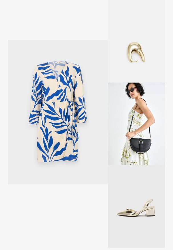 Beige-kangasinen kietaisumekko, jossa sininen lehtikuvio. Syvä V-pääntie ja kolme neljänneksen mittaiset hihat, jotka sidotaan vyötäröllä nauhalla.; Kultaiset, metalliset slingback-kengät, joissa on teräväkärkiset ja paksut korot. Sileä pinta, minimalistinen muotoilu ja kapea hihna.; Musta nahkainen käsilaukku, joka on kaareva muotoilultaan, irrotettavalla hihnalla ja kultaisilla yksityiskohdilla. Laukussa on läppä, jossa on solk yksityiskohta.; Kultahipuinen korvakoru, jossa on sulavalinjainen, kaareva muotoilu. Ominaisuuksiin kuuluu erottuva terävä muoto, kiillotettu pinta ja sarana kiinnitys.