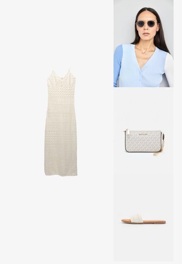 Abito maxi bianco all'uncinetto con spalline sottili regolabili, caratterizzato da un intricato motivo di diamanti e linee su tutto il tessuto.; Sandalo scivoloso bianco intrecciato con texture a treccia e perline decorative, dotato di una comoda soletta color biscotto e suola piatta in gomma.; Occhiali da sole rotondi con lenti scure e montatura dorata. Il modello indossa un cardigan leggero azzurro a costine con bottoni e maniche bianche a contrasto.; Wristlet Michael Kors in tela rivestita beige con motivo a logo MK ripetuto, hardware dorato e tracolla a catena staccabile.