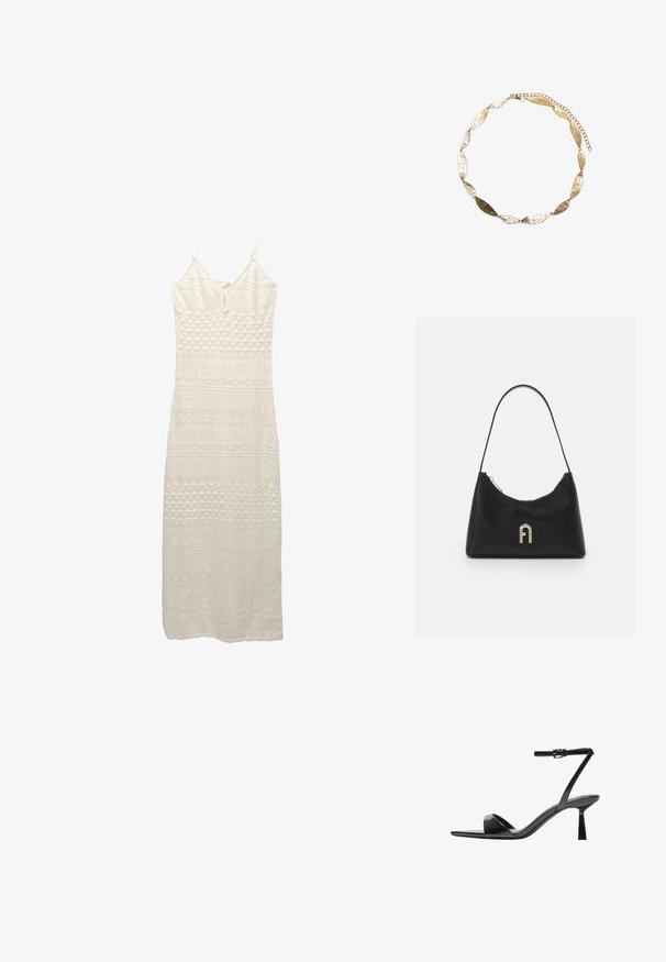 Weißes gehäkeltes Maxikleid mit dünnen verstellbaren Trägern, das ein aufwändiges Muster aus Diamanten und Linien im gesamten Stoff zeigt.; Bershka High Heel Sandalette - black; Schwarze Handtasche aus glattem Material, mit geschwungener Form, einem einzigen Tragegurt und einem goldfarbenen Logoakzent auf der Vorderseite.; Goldene Halskette mit ovalen, gehämmerten Gliedern, ausgestattet mit einem Verschluss und einer verstellbaren Kette für die Länge. Strukturierte Oberfläche mit reflektierendem Glanz.