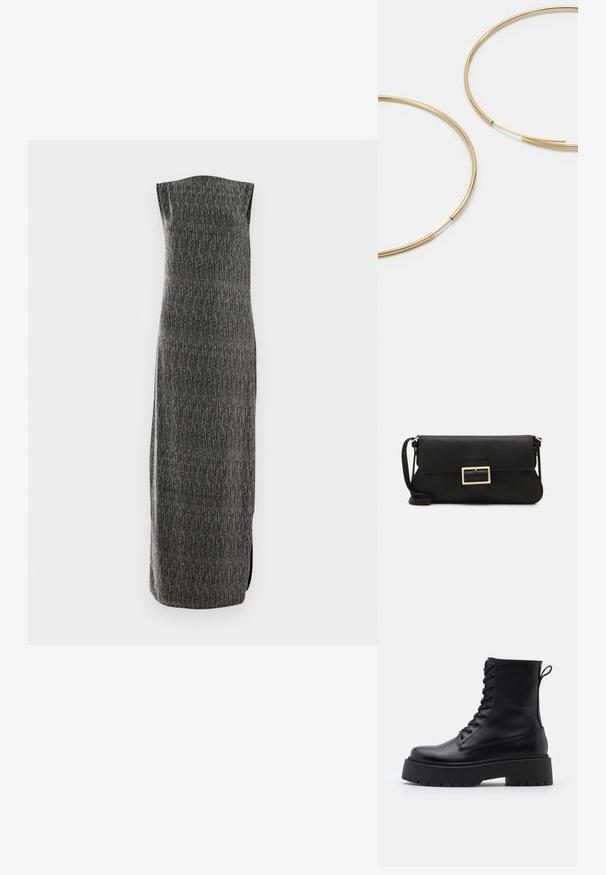 Bezrukávová dlouhá šaty ze šedé látky s texturovaným vzorem a bočním rozparkem. Rovný střih s jemným leskem, navržený pro elegantní siluetu.; Černé kožené kotníkové boty s kulatou špičkou, šněrováním na přední straně a silnou gumovou podešví s texturovaným vzorkem. S poutkem vzadu.; Černá kožená psaníčko s klopou a zlatým kovovým detailním sponou. Součástí je černý popruh a elegantní, minimalistický design.; Zlaté kruhové náušnice, tenké a kulaté, s hladkým kovovým povrchem a bez zdobení či vzorů.