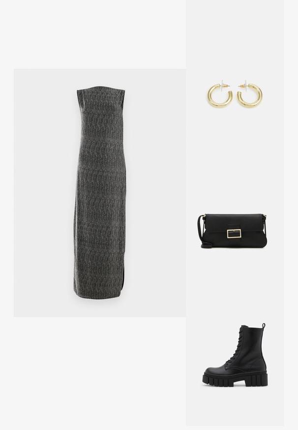 Ujjatlan, hosszú ruha szürke anyagból, texturált mintázattal és oldalsó hasítékkal. Egyenes vonalú, finom fényű, a karcsú sziluett megjelenítésére tervezve.; Fekete bőr bokacsizma vastag, bordázott talppal, fűzős elülső résszel és húzófüllel sima fehér háttérrel.; Fekete bőr kézitáska hajtóka részlettel és aranyszínű fém csattal. Tartalmaz egy fekete pántot és egy letisztult, minimális dizájnt.; Arany fülbevalók sima, fényes felülettel. Kör alakú dizájn, amely kis kapoccsal és átlátszó tartozékkal rendelkezik a biztonságos viselés érdekében.