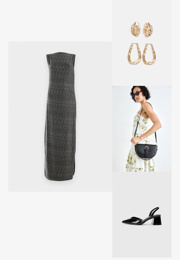 Bez piedurknēm, garš kleita pelēkā audumā ar strukturētu rakstu un sānu šķēlumu. Tieša piegriezums ar smalku spīdumu, izstrādāta, lai veidotu plūstošu siluetu.; Melna lakota āda ar atvērto papēdi, ar smailu purngalu un ģeometrisku blokpapēdi. Iezīmējas elegants, minimāls dizains un gluda tekstūra.; Melnas ādas rokassoma ar izliekta formu, noņemamu siksnu un zelta aksesuāriem. Somai ir vāciņš ar sprādzes detaļu.; Zelta krāsas auskari ar teksturētām, viļņotām formām. Iekļauts skulpturāls piespraužams modelis un atvērta gredzenveida konstrukcija ar izsistām virsmām.