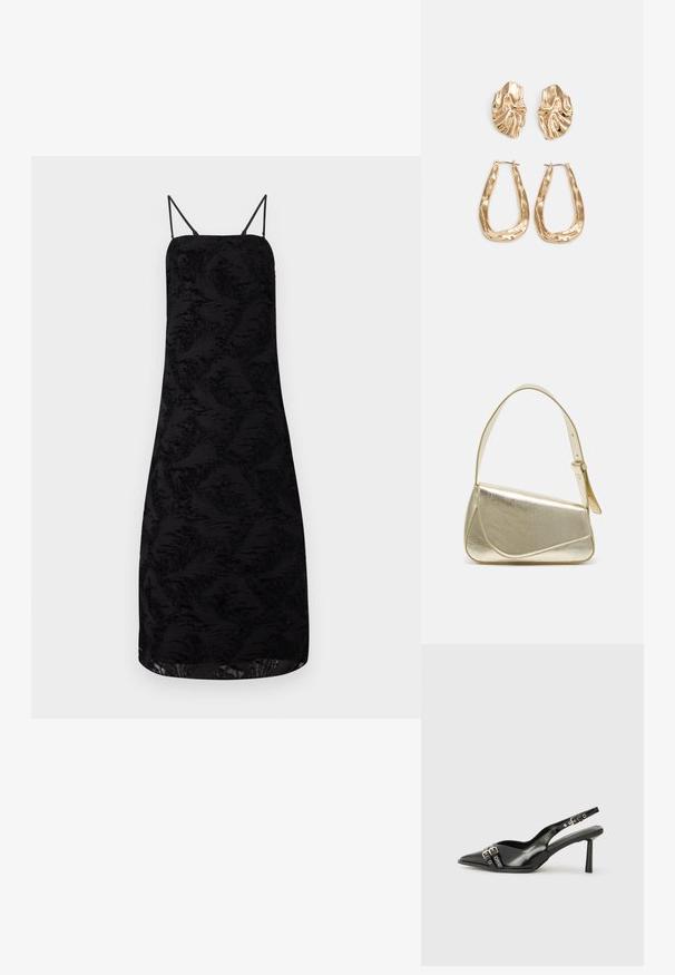 Czarna sukienka na cienkich ramiączkach, z teksturowanej tkaniny w kwiatowy wzór, o długości do kolan i prostej sylwetce.; Czarne lakierowane buty typu slingback z ostrym noskiem, paskami na kostkach z srebrnymi klamrami i elementami metalowymi oraz smukłym obcasem.; Złota metaliczna torebka o strukturalnym designie, gładkiej powierzchni i regulowanym pasku. Charakteryzuje się unikalnym trójkątnym kształtem i minimalistycznym przeszyciem.; Złote kolczyki w odcieniu, prezentujące teksturowane, faliste kształty. Zawierają rzeźbiarskie klipsy i otwarty projekt kółek z młotkowanym wykończeniem.