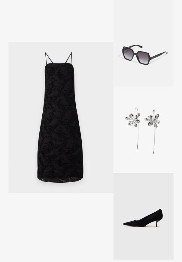 Svart kjole med spaghetti-stropper, laget av teksturert stoff i blomstermønster, knelange ermer og en rett silhuett.; Sorte semskede høyhælte sko med spiss tå og slank, lav hæl. Glatt tekstur med et elegant design, uten synlig maskinvare.; Svart sekskantede solbriller med gradientlinser, med en blank finish og subtil merkevareføring på stangen. Slitesterk plastkonstruksjon.; Sølvblomstformede ørevipper med en teksturfinish, der har lange kroker og kronbladlignende detaljer for et intrikat design.