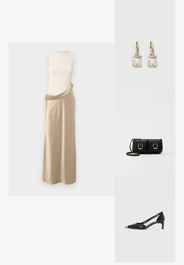 Bez piedurknēm, ar krēmkrāsas ribotu augšu un drapētu bežā satīna svārku. Gluda tekstūra, plūstoša forma un maiga krāsu kontrasts.; Melns ādas kurpju pāris ar zemu papēdi, smailu sudraba purngali un diviem sprādzēm uz balta fona.; Melnas ādas crossbody soma ar divām priekšējām kabatām, zelta sprādzēm, ar rāvējslēdzēju aizdari un šauru siksnu. Strukturēta virsma un kompakta taisnstūra forma.; Zeltītas auskaru rotas, kuru centrā ir taisnstūra formas caurspīdīgs kristāls, kas karājas zem mazu, apaļu caurspīdīgu akcentu rindas. Elegants, mūsdienīgs dizains.