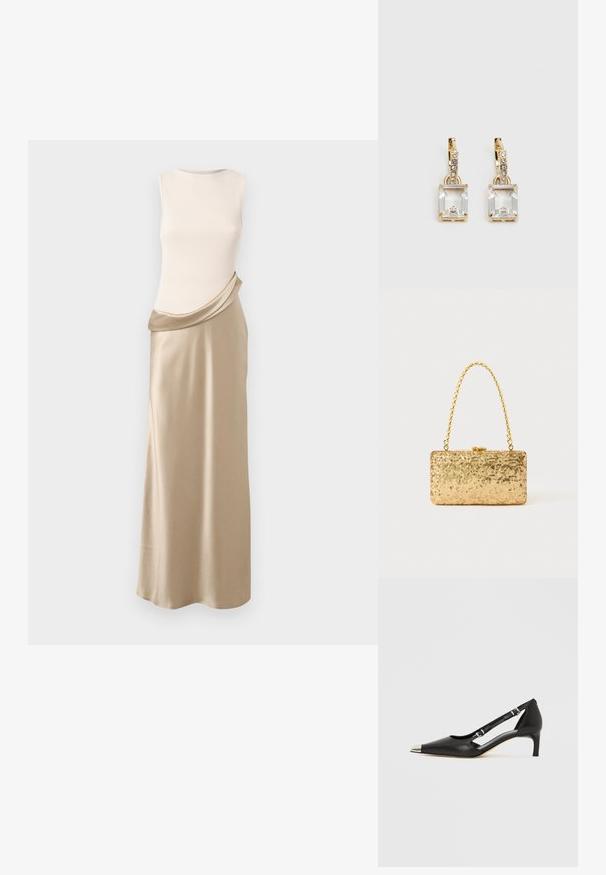 Bez piedurknēm, ar krēmkrāsas ribotu augšu un drapētu bežā satīna svārku. Gluda tekstūra, plūstoša forma un maiga krāsu kontrasts.; Melns ādas kurpju pāris ar zemu papēdi, smailu sudraba purngali un diviem sprādzēm uz balta fona.; Zelta sekmju soma ar taisnstūra formu, kurai ir savīti ķēdes rokturi un metāla aizdare, kas atspoguļo gaismu ar teksturētu apdari.; Zeltītas auskaru rotas, kuru centrā ir taisnstūra formas caurspīdīgs kristāls, kas karājas zem mazu, apaļu caurspīdīgu akcentu rindas. Elegants, mūsdienīgs dizains.