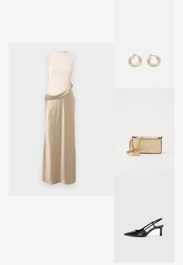 Šaty bez rukávů s krémovým vroubkovaným vrškem a splývavou béžovou saténovou sukní. Hladká textura, plynulý tvar a jemný kontrast barev.; Černé lakované slingback podpatky s špičatou špičkou, zdobené texturovaným hadím vzorem, nastavovacím páskem a krátkým texturovaným blokovým podpatkem.; Metalická zlatá kožená psaníčko s texturovaným povrchem, vybavená zlatým řetízkovým popruhem a odnímatelným ramenním popruhem. Vystouplé logo značky.; Lauren Ralph Lauren BASIC SMALL HOOP - Náušnice - gold-coloured