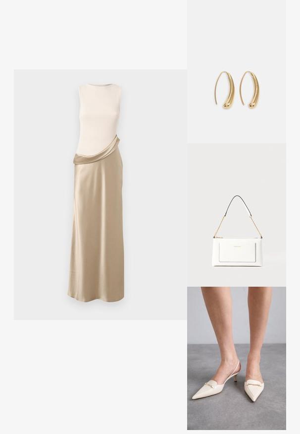 Ujjatlan ruha krém színű bordázott felső résszel és drapírozott bézs selyemsátoros szoknyával. Sima textúra, áramló forma és lágy színkontraszt.; Krém színű, hegyes orrú, pántos magassarkú cipők, vékony középmagas sarkukkal, arany lánc díszítéssel a cipő elején és sima bőr tekstúrával.; Fehér bőr kézitáska, texturált felülettel, arany lánccal és fekete részletekkel. Elülső zsebbel és cipzáros zárással rendelkezik.; Aranyszínű fémből készült karika fülbevalók ívelt, hosszúkás formával. Simaságával és fényes felületével, valamint lekerekített végével további részletekkel bővül.