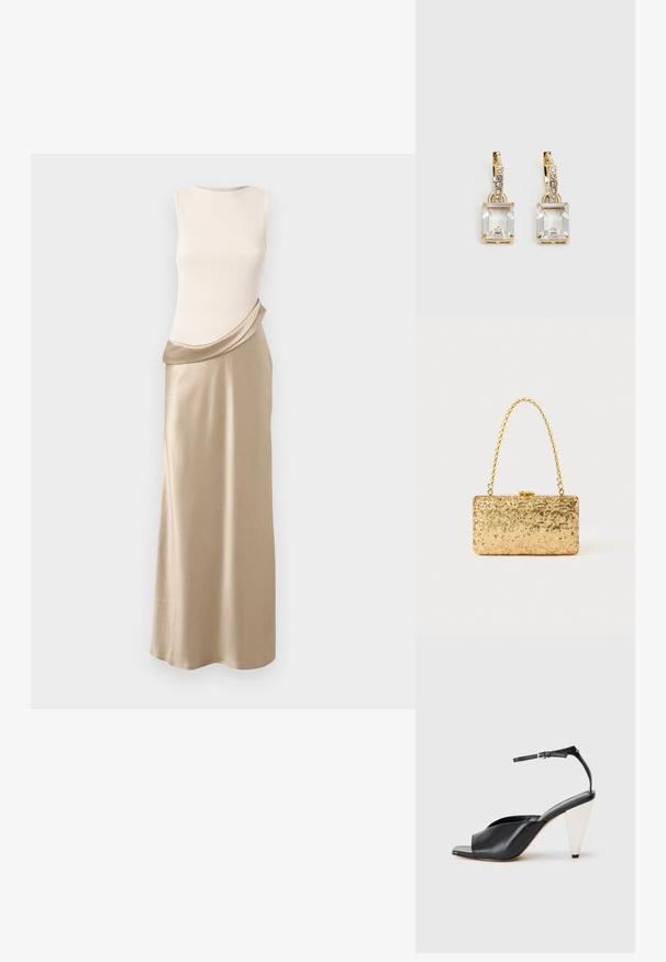 Sukienka bez rękawów z kremowym prążkowanym topem i drapowaną beżową satynową spódnicą. Gładka tekstura, płynny kształt i delikatny kontrast kolorów.; Czarne skórzane sandały na wysokim obcasie z odkrytymi palcami, asymetrycznym wzorem, paskiem w okolicy kostki oraz metalicznym obcasem w kształcie stożka. Gładka faktura na całej powierzchni.; Złota kopertówka z cekinami o prostokątnym kształcie, z zakręconym uchwytem w postaci łańcuszka oraz metalowym zapięciem, odbijająca światło o fakturowanym wykończeniu.; Złote kolczyki z prostokątnym, przezroczystym kryształem zwisającym poniżej rzędu małych, okrągłych, przezroczystych akcentów. Elegancki, nowoczesny design.