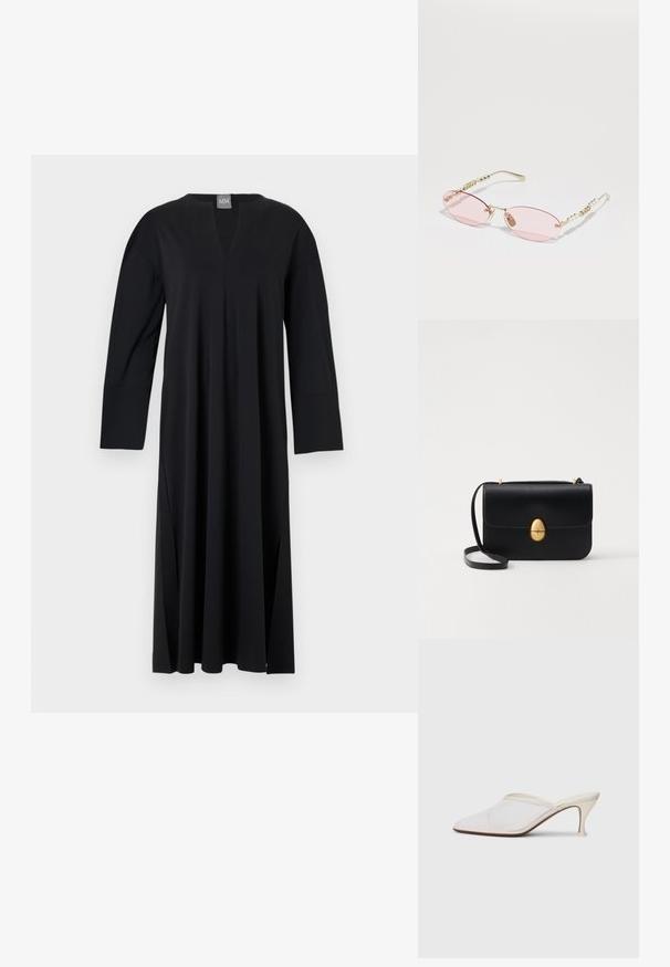 Čierne dlhé šaty s dlhým rukávom a výstrihom do V, vyrobené z hladkej tkaniny. Obsahujú bočné rozparky, voľný strih a bezšvový dizajn ramien.; Biele sieťované lodičky s špicatou špičkou, s úzkym stredne vysokým podpätkom a bez zapínania, na jednobodovom pozadí.; Gucci Slnečné okuliare - gold-coloured/pink; Čierna kožená kabelka so štruktúrovaným obdĺžnikovým tvarom. Obsahuje zlaté oválne zapínanie a tenký ramenný popruh. Hladká textura.; Čierna kožená kabelka so štruktúrovaným obdĺžnikovým tvarom. Obsahuje zlaté oválne zapínanie a tenký ramenný popruh. Hladká textura.
