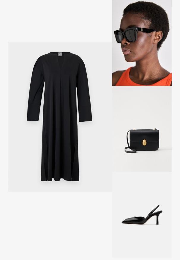 Černé dlouhé šaty s výstřihem do V, vyrobené z hladké tkaniny. Mají boční rozparky, volný střih a bezproblémový design ramen.; Černé kožené slingback podpatky s špičatou špičkou, minimalistický design, tenký popruh kolem kotníku a štíhlý jehlový podpatek. Hladká textura.; Černé sluneční brýle ve čtvercovém tvaru s tmavými skly, silnými obroučkami a zlatým logem na rameni. Nosí je osoba v oranžovém topu.; Černá kožená kabelka se strukturovaným obdélníkovým tvarem. Obsahuje zlatou oválnou sponu a tenký ramenní popruh. Hladký povrch.