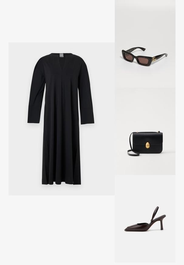 Rochie lungă neagră cu mâneci lungi, cu decolteu în V, realizată dintr-un material neted. Are fante laterale, croială lejeră și un design fără cusături la umeri.; Pump slingback din piele lacuită maro, cu vârf ascuțit și toc subțire, înalt. Prezintă un design elegant și o textură de suprafață fină.; Ochelari de soare tortoiseshell negri cu lentile dreptunghiulare, nuanță de maron, ramă groasă și detaliu cu logo dublu-G aurie pe temple.; Geantă de mână din piele neagră, cu o formă rectangulară structurată. Are un capac oval auriu și o curea subțire pentru umăr. Textură netedă.