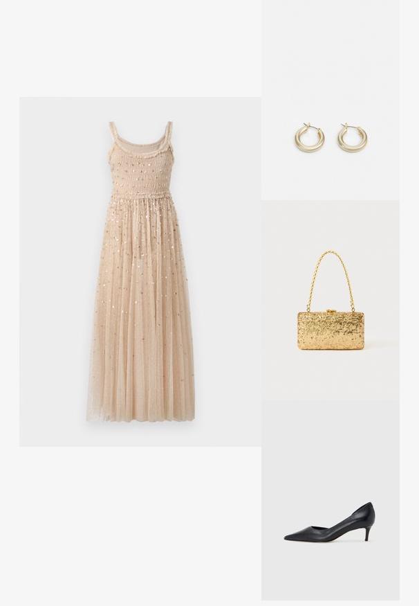 Robe longue beige avec un corsage smocké et des fines bretelles. Elle présente une jupe en tulle superposée avec des paillettes dorées dispersées.; Escarpin en cuir noir avec un bout pointu et un talon bas. Présente une texture lisse et un éclat subtil. Découpe ouverte à l'avant pour un détail supplémentaire.; Pochette en sequins dorés de forme rectangulaire, dotée d'une poignée en chaîne torsadée et d'une fermeture à fermoir en métal, réfléchissant la lumière avec une finition texturée.; Lauren Ralph Lauren BASIC SMALL HOOP - Boucles d'oreilles - gold-coloured
