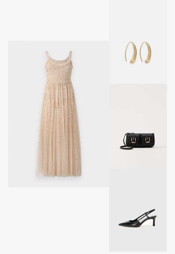 Robe longue beige avec un corsage smocké et des fines bretelles. Elle présente une jupe en tulle superposée avec des paillettes dorées dispersées.; Escarpin slingback en vernis noir avec un bout pointu, présentant un imprimé serpent texturé, une sangle réglable et un petit talon bloc texturé.; Sac en cuir noir porté en travers avec deux poches avant, boucles dorées, fermeture zippée et une sangle fine. Surface texturée et forme rectangulaire compacte.; Boucles d'oreilles en métal doré en forme d'anneau, avec une forme courbée et allongée. Elles présentent une surface lisse et brillante avec une pointe arrondie pour un détail supplémentaire.