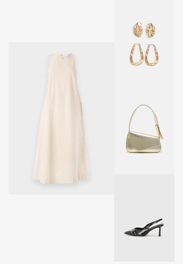 Beige ujjatlan ruha vertikális bordás textúrával, kerek nyakkivágással és oldalsó redőzéssel. Félhosszban, egyenes sziluettel.; Fekete lakk bőr, hegyes orrú slingback cipő, boka pántokkal, ezüst csatokkal és hardverelemekkel, valamint karcsú sarkú.; Arany fémes kézi táska, strukturált dizájnnal, sima felülettel és állítható pánttal. Egyedi háromszög alakú, minimalistának mondható varrásokkal rendelkezik.; Aranyszínű fülbevalók, texturált, hullámos formákkal. Tartalmazza a szobrászati klipszes studokat és az open hoop kialakítást, kalapácsos felülettel.