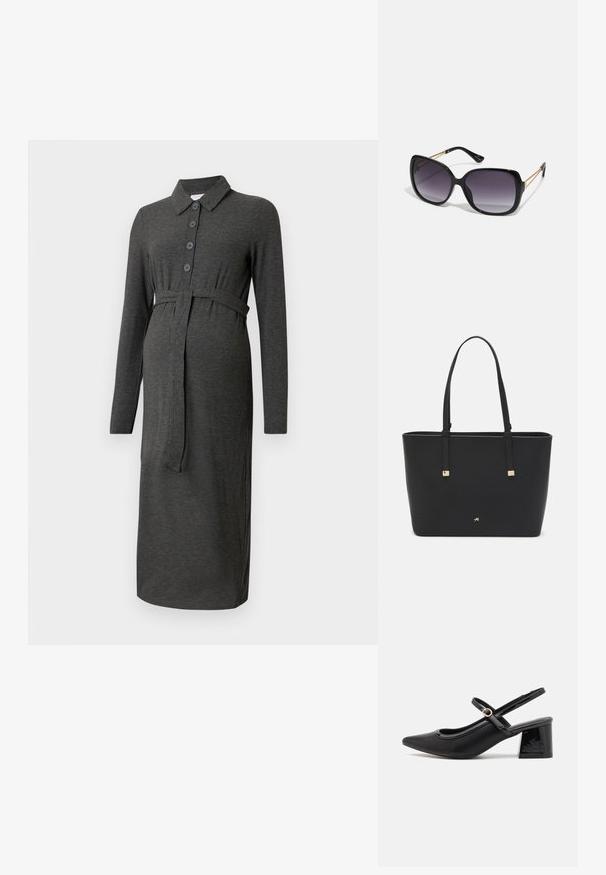 Oblačilo za nosečnice v temno sivi rebrasti tkanini, z ovratnikom, dolgimi rokavi, sprednjim gumbom in pasom, ki omogoča prilagodljivo prileganje.; Črne patentne usnjene salonarce s slingback obliko, s koničastim nosom, zaobljenim izrezom in blok peto. Imajo zlato kovinsko zaponko kot dodatno okrasje.; Črne prevelike sončne očala z degradacijskimi lečami, debelimi okvirji in zlatimi verižicami na ročajih.; Črna torba iz sintetičnega materiala, preproste pravokotne oblike, z zlatimi kvadratnimi detajli in dvojnih ročajem.