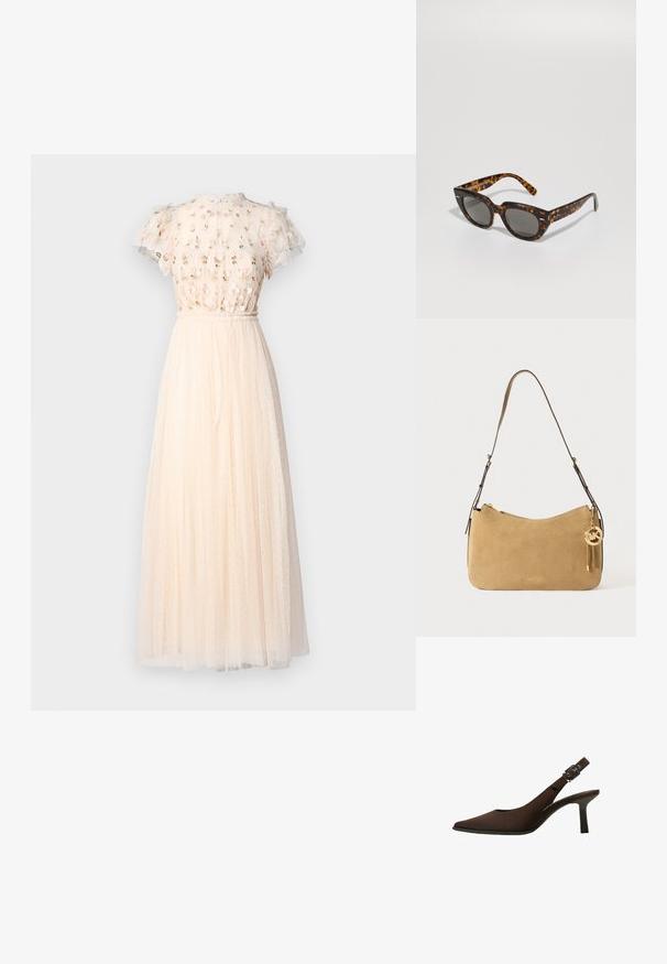 Needle & Thread ROCOCO BODICE ANKLE GOWN - Alkalmi viselet - cream; Barna velúr slingback tűsarkú cipő, hegyes orral, elegáns kialakítással, vékony sarkával és csat kiegészítéssel a bokapánton.; Tortúra napszemüveg, szögletes kerettel és szürke lencsékkel. Fényes felülettel rendelkezik, és diszkrét logó látható a szárakon.; Barna velúr válltáska ívelt formával, arany színű fémrészekkel és cipzáras záródással. Tartalmaz egy csatolt díszt, amelyen az "MK" monogram található.