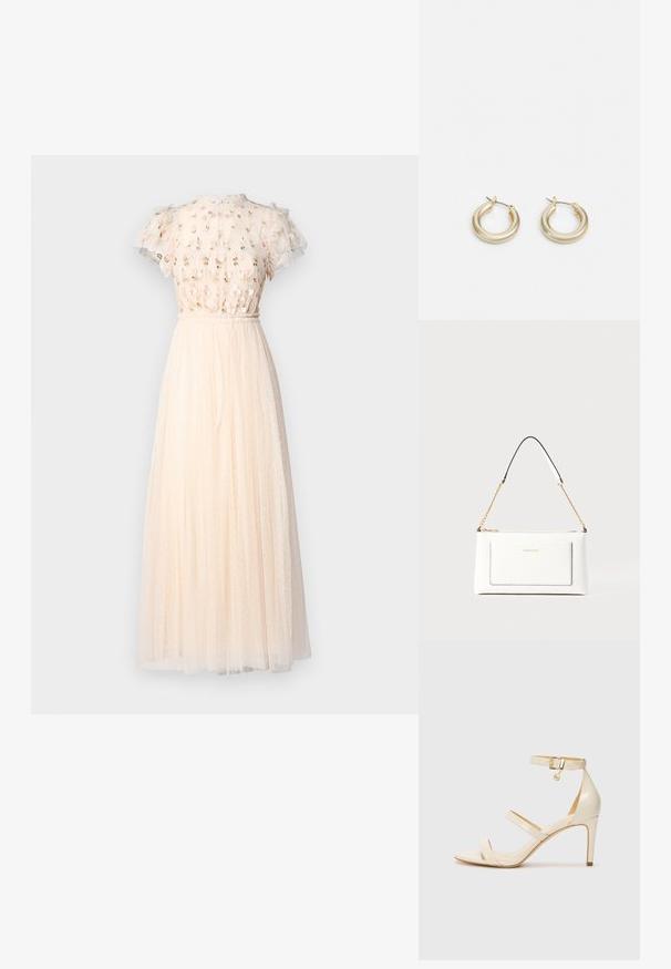 Needle & Thread ROCOCO BODICE ANKLE GOWN - Occasion wear - cream; Beige high-heeled sandals with thin ankle strap and two upper straps. Glossy patent finish and gold hardware detail on the ankle strap.; White leather handbag with a textured finish, featuring a gold chain strap and black accents. Includes a front pocket and zipper closure.; Lauren Ralph Lauren BASIC SMALL HOOP - Earrings - gold-coloured