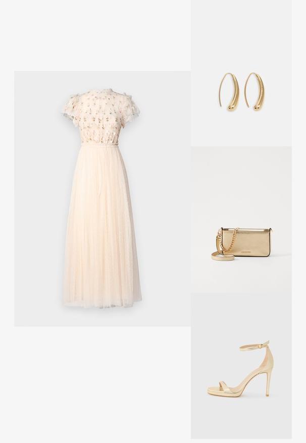 Needle & Thread ROCOCO BODICE ANKLE GOWN - Iltapuku - cream; Kultaiset metalliset korkokengät avonaisella kärjellä, nilkkaremmi soljella ja korkea pohja lisäkorkeutta varten. Suora pinta.; Metallinen kultainen nahkalaukku tekstuurin viimeistelyllä, jossa on kultaketjuhihna ja irrotettava olkahihna. Brändilogo on kohokuvioitu.; Korvakorut kultasävytteistä metallista, joissa on kaareva, pitkänomainen muoto. Ominaisuuksiin kuuluu sileä, kiiltävä pinta ja pyöreä kärki lisäyksinä.