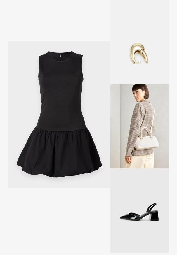 Rochie neagră fără mâneci, cu un top ajustat și o fustă plisată, flared, cu o textură netedă. Design simplu, potrivit pentru diverse ocazii.; Pantofi cu toc slingback din piele lacuită neagră, cu vârf ascuțit și toc geometric. Prezintă un design elegant, minimalist și o textură netedă.; Geantă structurată albă, cu mânere scurte și curea de umăr, având accente din metal aurit și material texturat, expusă pe un fundal gri.; Cercei din metal de culoare aurie cu un design elegant și curbat. Prezintă o formă distinctivă, ascuțită, o suprafață lustruită și un sistem de închidere cu balama.