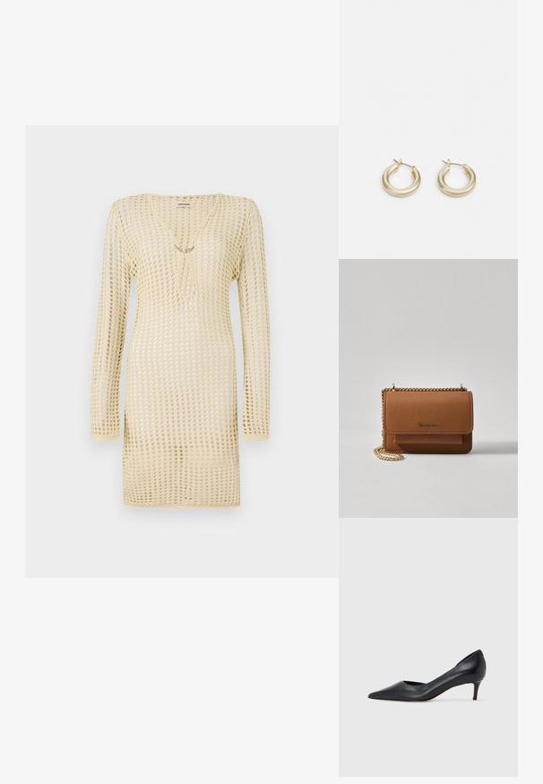 Vestido de malha em amarelo claro, com um padrão de malha, mangas longas, decote profundo e um detalhe decorativo de corrente na parte da frente.; Sapato de salto alto preto em pele com bico fino e salto baixo. Apresenta uma textura suave e brilho subtil. Corte aberto na parte da frente para um detalhe adicional.; Bolsa crossbody de couro texturizado castanho com alça de corrente dourada e fecho com aba. A parte da frente apresenta detalhe do logótipo e um bolso sob a aba.; Lauren Ralph Lauren BASIC SMALL HOOP - Brincos - gold-coloured