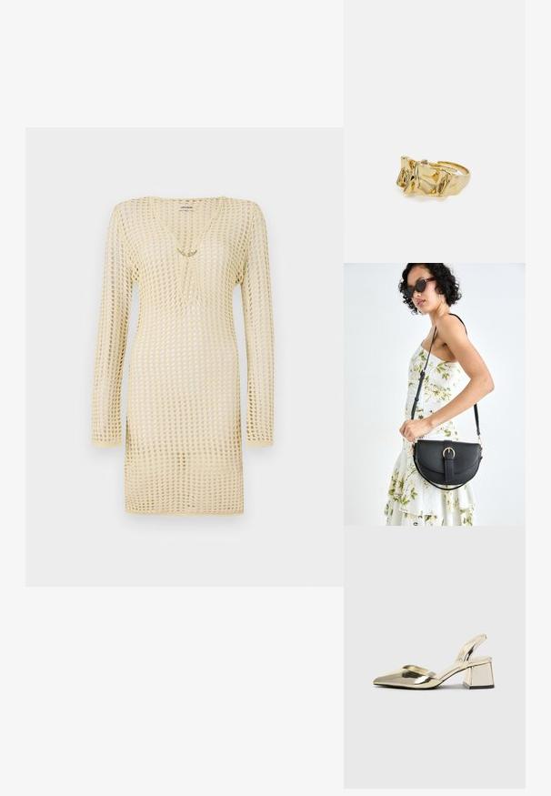 Sukienka dzianinowa w jasnym żółtym kolorze, z siateczkowym wzorem, długimi rękawami, głębokim dekoltem oraz ozdobnym łańcuszkiem z przodu.; Złote, metaliczne szpilki z boku z wydłużonym noskiem i grubym obcasem. Gładka faktura, minimalistyczny design i wąski pasek.; Czarna skórzana torebka o zakrzywionym kształcie, z odpinanym paskiem i złotymi akcentami. Torebka posiada klapę z zapięciem w kształcie klamry.; Złoty pierścionek o teksturowanym, falistym wzorze z trzema wyraźnymi szczytami. Gładka, błyszcząca powierzchnia z otwartą obrączką dla regulowanego dopasowania.