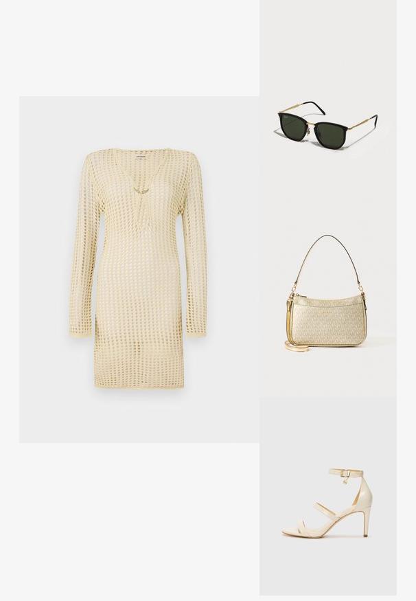 Pletena haljina u svijetlo žutoj boji, s mrežastim uzorkom, dugim rukavima, dubokim izrezom i dekorativnim lančićem sprijeda.; Bež sandale na visoku petu s tankim remenom oko gležnja i dva gornja remena. Sjajan lakirani završetak i detalj zlatne boje na remenu oko gležnja.; Crne mačkaste sunčane naočale sa zelenim staklima, zlatnim metalnim detaljima i tankim crnim drškama. Okvir sa teksturom i hrabrim, geometrijskim dizajnom.; Torba z zlatnim teksturom s glatkim kožnim remenom, koja ima zatvaranje na patentni zatvarač i suptilan uzorak logotipa otisnut na površini.
