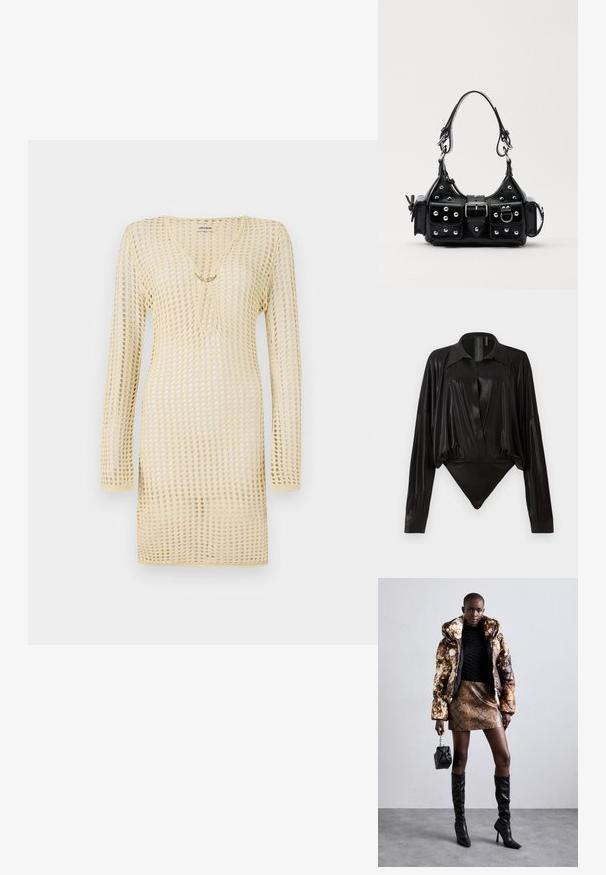 Kootud kleit helesinises, mis sisaldab võrkpinda, pikkade varrukatega, sügava dekolteega ja ees dekoratiivse ketiga.; Must tooni bodysuit pikad varrukad, V-keres ja stuudiud joontega. Valmistatud läikivast, siledast kangast, millel on konstruktsiooniga krae ja mansetid.; Põuejope pruuni ja musta mustriga, kokku sobitatud pruuni madu nahast mini-seelikuga, mustade reie kõrguste saapadega ja väikese musta kotiga.; Must värvi nahast käekott, millel on kaarjas disain, hõbedased nupukesed, kinnitusahe ja kaks külgtaskut. Reguleeritav rihm erinevate kandmisvõimaluste jaoks.