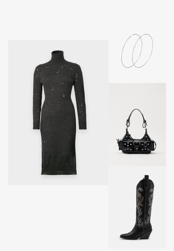 Tumši pelēks vilnas maisījuma garām piedurknēm, kakla izgriezuma kleita ar nolietotu tekstūru un maziem gaišiem plankumiem, pieguļoša silueta, līdz ceļgaliem.; Melnas ādas kovboju zābakus ar norādītām pirkstiem, sānām paceltu papēdi un sudraba izšūtām ziedu rakstiem gar zābaka kāju. Kontrasta dūrieni visā zābakā.; Melnas ādas rokturmais ar izliekumu, ar sudraba iedurtiem, sprādzi un divām sānu kabatām. Regulējams siksniņas garums dažādām nēsāšanas iespējām.; Sudraba gredzenveida auskari ar minimālistisku dizainu. Cirkulāra forma, gluda tekstūra un plāns profils. Vieglu svaru ar spīdīgu apdari.