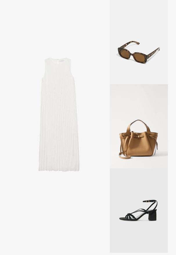 Rochie albă fără mâneci, cu pliu vertical, guler rotund și fermoar la spate. Material moale cu un design fluid.; Sandale negre din suede cu toc gros, având mai multe curele și cataramă la gleznă. Talpă netedă și design minimalist.; Ochelari de soare cu chelă de broască țestoasă, având un cadru rotund și voluminos, cu lentile maro. Prezintă modele subtile și brațe drepte, conice.; Tory Burch ROMY PEBBLED SATCHEL - Geantă de mână - tiramisu