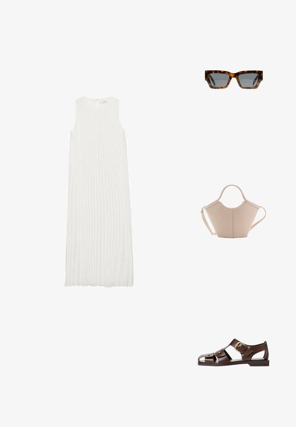 Bijela haljina bez rukava s vertikalnim nabiranjem, okruglim izrezom i patentnim zatvaračem na leđima. Mekani materijal s lepršavim dizajnom.; Smeđe kožne sandale s izrezbarenim dizajnom, podesivim bočnim kopčanjem i ravnim potplatom, s metalnim detaljima i otvorenim prstima.; Naočale od žirafa s uglastim okvirom, sivozelenim lećama i glatkom završnom obradom. Imaju odvažan geometrijski dizajn i debele temple.; Bež kožna torba jedinstvenog oblika, s dva kratka ručka i dugom podesivom trakom. Glatka tekstura s minimalnim metalnim dodacima.