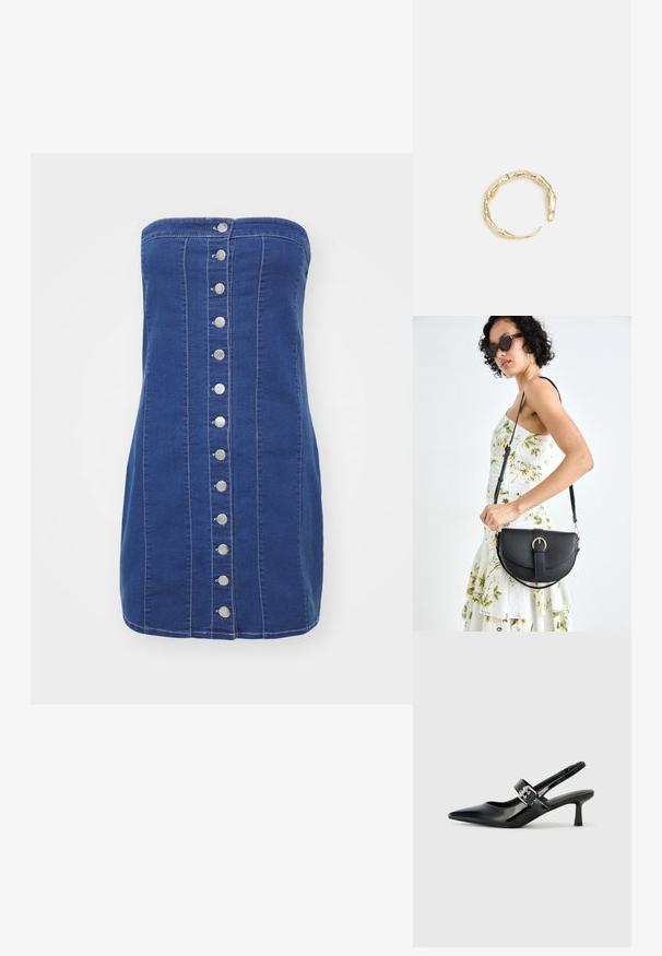 Traper haljina bez naramenica tamno plave boje, sa prilagođenim krojem i srebrnim dugmadi na prednjoj strani. Sadrži kontrastne šavove duž šavova.; Crne lakirane slingback potpetice s oštrim prstom i malom blok petom, s naglaskom na srebrnoj kopči na remenu.; Crna kožna torba s lukovitim oblikom, odvojivim remenom i zlatnim detaljima. Torba ima preklop s kopčom.; Prsten u zlatnoj nijansi s organskim, uvijenim dizajnom, glatkom teksturom i suženim krajevima, koji stvara moderan, skulpturalni izgled.