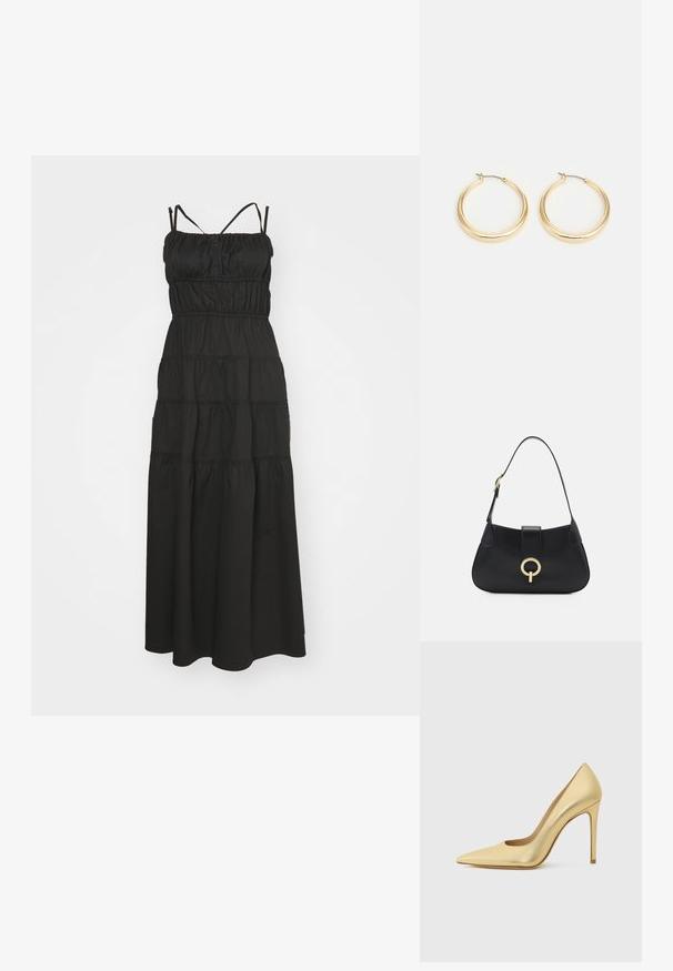 Schwarzes Maxikleid mit dünnen, verstellbaren Trägern, gerafftem Oberteil und gestuftem, fließendem Design. Glattes Material mit subtiler Textur.; Goldfarbene, metallisch schimmernde, spitz zulaufende High Heel-Schuhe mit Stilettofers. Von der Seite auf einem schlichten hellen Hintergrund gezeigt.; Schwarze Ledertasche mit einer geschwungenen Silhouette, kurzer Tragriemen, zentralem goldfarbenem Hardware und glatter Textur. Keine sichtbaren Muster oder Akzente.; Goldfarbene Creolen mit einem glatten, abgerundeten Design, ausgestattet mit einem dünnen Drahtverschluss und einer polierten Oberfläche für ein glänzendes Erscheinungsbild.