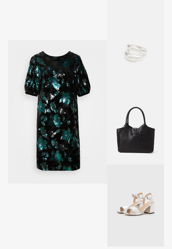 Must mustaga lühikeste puhv-särkidega, kaunistatud türkiissiniste ja hõbedaste ketšukudede lillemotiividega tekstuurkangal.; Hõbedased kõrged kontsad avatud varvastega, millel on kaks laia rihma ja ümar plokknina. Sile tekstuur metallikviimistlusega.; Mustgamma nahast kott, millel on sile tekstuur, struktureeritud kuju, kaks käepidet ja esiküljel silmapaistev hõbedane pandla detail.; Hõbedane kahekordne rõngas sujuva, poleeritud pinnaga. Omab voolavat, kõverat disaini, millel on kattuvad sektsioonid, et saavutada kaasaegne ilme.