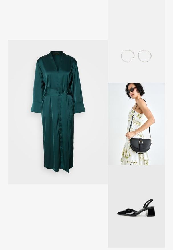 Garšs, dziļi zaļš satīna halāts ar V-veida kaklu, plašām piedurknēm un sasietu jostasvietu. Pieejams ar gludu tekstūru un grīdas garuma dizainu.; Melna lakota āda ar atvērto papēdi, ar smailu purngalu un ģeometrisku blokpapēdi. Iezīmējas elegants, minimāls dizains un gluda tekstūra.; Melnas ādas rokassoma ar izliekta formu, noņemamu siksnu un zelta aksesuāriem. Somai ir vāciņš ar sprādzes detaļu.; Sudraba riņķa auskari ar elegantu, apaļu dizainu, kas izceļas ar gludu virsmu un bez redzamām rotājumām. Diametrs netiek norādīts.