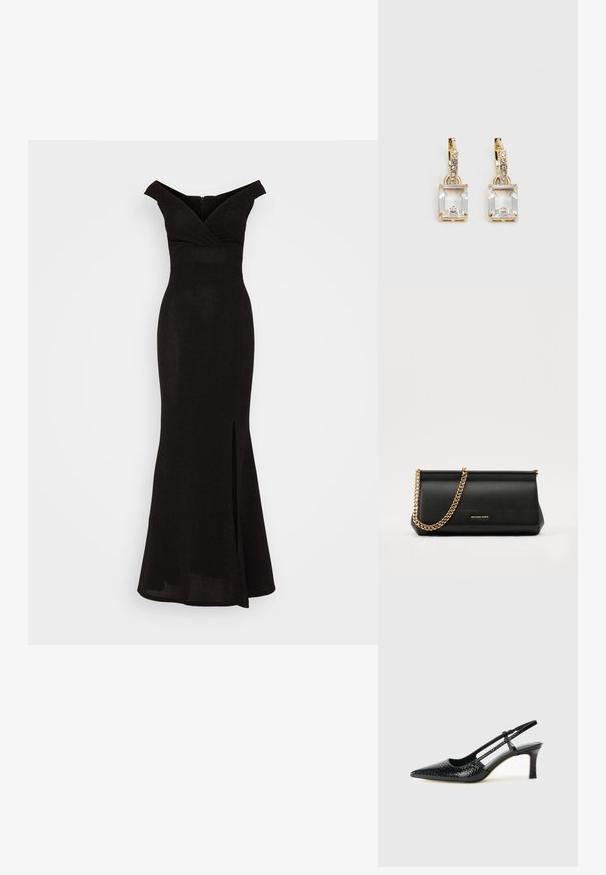 WAL G. PARTY FOXTROT MAXI - Φόρεμα από ζέρσεϊ - black; Μαύρη πατέντα σλινγκμπάκ γόβα με μυτερή μύτη, διαθέτει υφή από φίδι, ρυθμιζόμενο λουρί και κοντή, υφή τετράγωνη φτέρνα.; Μαύρη δερμάτινη τσάντα πορτοφολιού με χρυσή αλυσίδα, που διαθέτει λεία υφή, ορθογώνιο σχήμα και ανάγλυφο λογότυπο στο μπροστινό μέρος.; Χρυσά σκουλαρίκια με ορθογώνιο, καθαρό κρύσταλλο που κρέμεται κάτω από μια σειρά μικρών, στρογγυλών, καθαρών λεπτομερειών. Λεπτός, σύγχρονος σχεδιασμός.