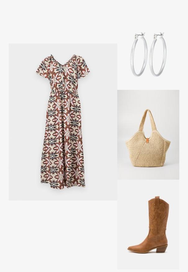 Maxi šaty s krátkymi rukávmi, s kvetinovým vzorom v ružovej, hnedej a námorníckej farbe na krémovom pozadí. Elastický pás, voľne splývavý dizajn.; Hnedé kožené kovbojské topánky s špicatou špičkou, vyšívanými vírivkami na štýle a blokovým podpätkom. Obsahuje praktický pútko na ľahké obúvanie.; Veľká slamienková taška s texturovaným béžovým povrchom a dvoma širokými uchami. Obsahuje kožený akcentový popruh na uzatvorenie.; Strieborné kruhové náušnice s hladkým, lesklým povrchom. Kolový tvar a bezpečné klikanie na uzatváranie. Ľahký dizajn vhodný na každodenné nosenie.
