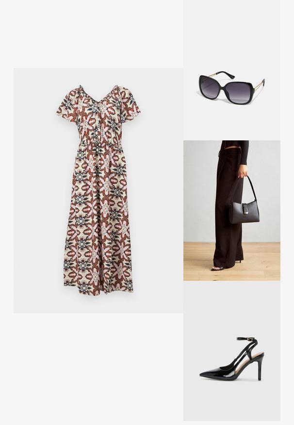 Maxi suknelė su trumpomis rankovėmis, puošta gėlių raštu rožinės, rudos ir tamsiai mėlynos spalvos ant kreminės fono. Elastinga juosmens dalis, laisvai krentantis dizainas.; Juodas patentuotas odinis aukštakulnis batelis su siauru pirštu, reguliuojama kulkšnies juosta ir atvirais šonais. Lygi tekstūra.; Juodos didelės saulės akinių su pereinamais objektyvais, storomis rėmeliais ir auksinės spalvos grandinėmis ant šventyklų.; Juodas rankinė struktūrizuota forma, lygi tekstūra ir metalinis užsegimas. Suporuota su plačiomis juodomis kelnėmis ir atvirais bateliais ant medinių grindų.