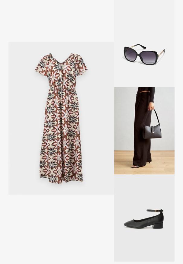 Rochie maxi cu mâneci scurte, având un model floral în nuanțe de roz, maro și bleumarin pe un fundal crem. Talie elastică, design drapat lejer.; Pantof cu toc negru din piele, cu vârf ascuțit și toc mic pătrat. Dispune de o curea la gleznă cu o cataramă în tonuri de aur. Textură netedă.; Ochelari de soare negri, supradimensionați, cu lentile degradate, rame groase și detalii cu lanț de ton auriu pe brațele templului.; Genți negre cu o formă structurată, textură netedă și un închizător metalic. Asortată cu pantaloni negri largi și sandale cu vârf deschis pe un podea din lemn.