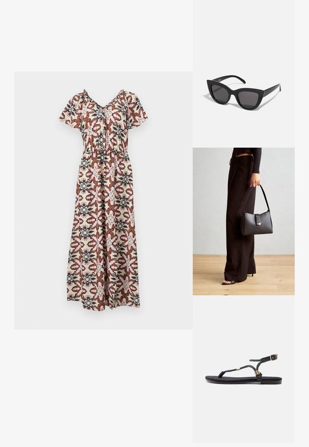 Maxi šaty s krátkymi rukávmi, s kvetinovým vzorom v ružovej, hnedej a námorníckej farbe na krémovom pozadí. Elastický pás, voľne splývavý dizajn.; Čierne ploché sandále s pletenými popruhmi a kovovým prvkom. Obsahujú nastaviteľnú pracku a plochú gumovú podrážku pre pohodlie.; Čierne slnečné okuliare v štýle mačacích očí s matným povrchom, so šedými tónovanými sklami, ostrými hranami a elegantnými bokovými ramenami. Názov značky je viditeľný na vnútornom ramene.; Čierna kabelka so štruktúrovaným tvarom, hladkou textúrou a kovovou sponou. V kombinácii so širokými čiernymi nohavicami a sandálmi s otvorenou špičkou na drevenej podlahe.