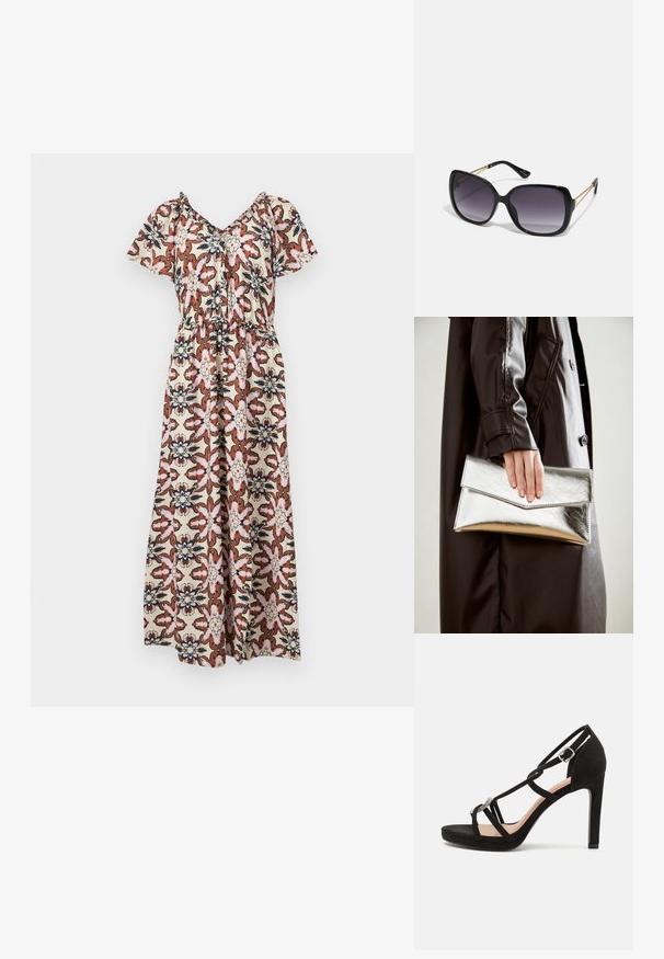 Maxikleid mit kurzen Ärmeln, mit einem floralen Muster in Rosa, Braun und Marineblau auf einem cremefarbenen Hintergrund. Elastischer Bund, locker fallendes Design.; Schwarze Wildleder-Pappelsandalen mit überkreuzten Riemen, einem dekorativen silberfarbenen Akzent und einer Plateausohle für zusätzliche Höhe.; Schwarze übergroße Sonnenbrille mit getönten Gläsern, dicken Rahmen und goldfarbener Kettendetaillierung an den Bügeln.; Silberner metallischer Clutch mit einem eckigen Umschlagdesign, glatter Textur und kontrastierender Innenfarbe, gehalten in einer Hand, die einen schwarzen Mantel trägt.