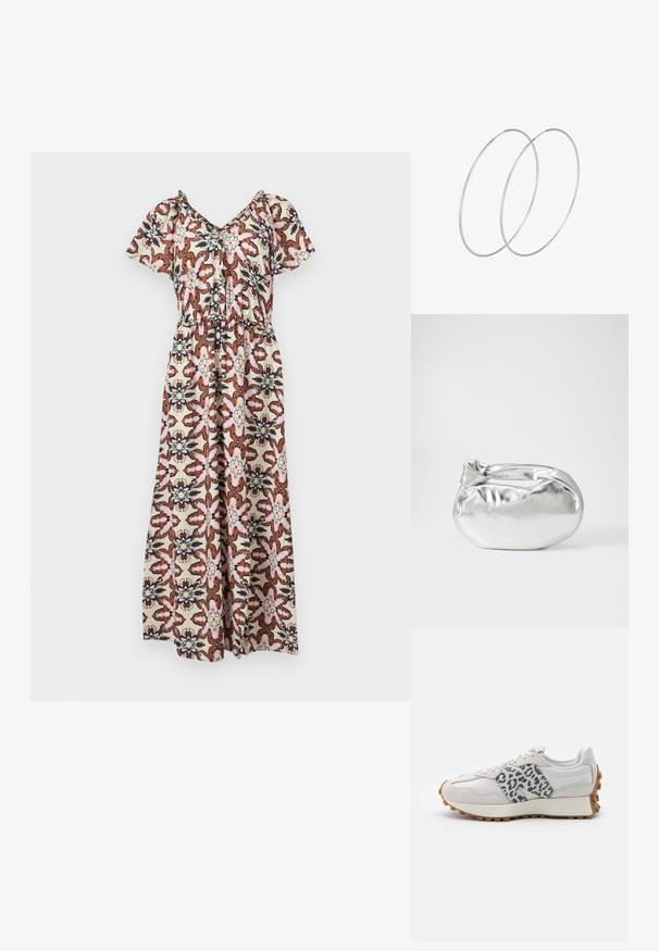 Maksidress ar īsām piedurknēm, dekorēts ar ziedu rakstu rozā, brūnā un tumši zilā krāsā uz krēma fona. Elastīga jostasvieta, brīvi krītoša konstrukcija.; Baltie sporta apavi ar pelēku leoparda rakstu akcentiem, izgatavoti no zamšādas un ādas materiāliem, ar strukturētu zoli un gumijas ārējo zoli, apaļa purngala forma un saistīšanas dizains.; Sudraba metāliska poga somiņa ar mīkstu, noapaļotu formu un mezgla augšējo aizdari. Izgatavota no gludas mākslīgās ādas materiāla.; Sudraba gredzenveida auskari ar minimālistisku dizainu. Cirkulāra forma, gluda tekstūra un plāns profils. Vieglu svaru ar spīdīgu apdari.