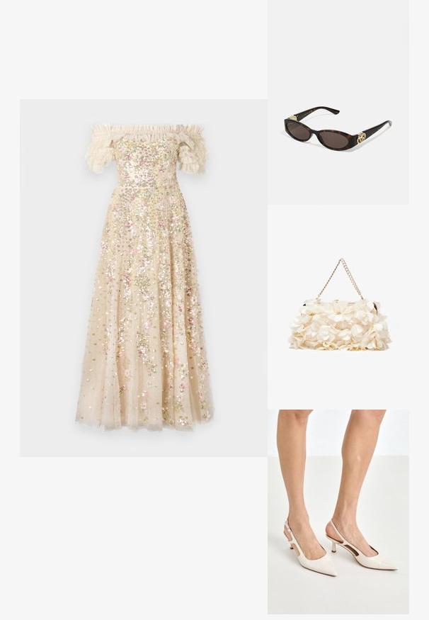 Needle & Thread CONFETTI mleczny; Beżowe lakierowane szpilki z odkrytą piętą, zakończone spiczastym noskiem i 5 cm obcasem, z wyciętymi bokami oraz cienkim paskiem na kostce.; Słoneczne okulary w kolorze żółwi z wydłużonymi owalnymi soczewkami, brązowym odcieniem, złotymi akcentami logo na zausznikach oraz smukłymi czarnymi ramionami.; Biała torebka kwiatowa z marszczoną powierzchnią z tkaniny, złotą łańcuszkową rączką i metalowym zapięciem. Posiada teksturowane płatki jako dodatkowy detal.