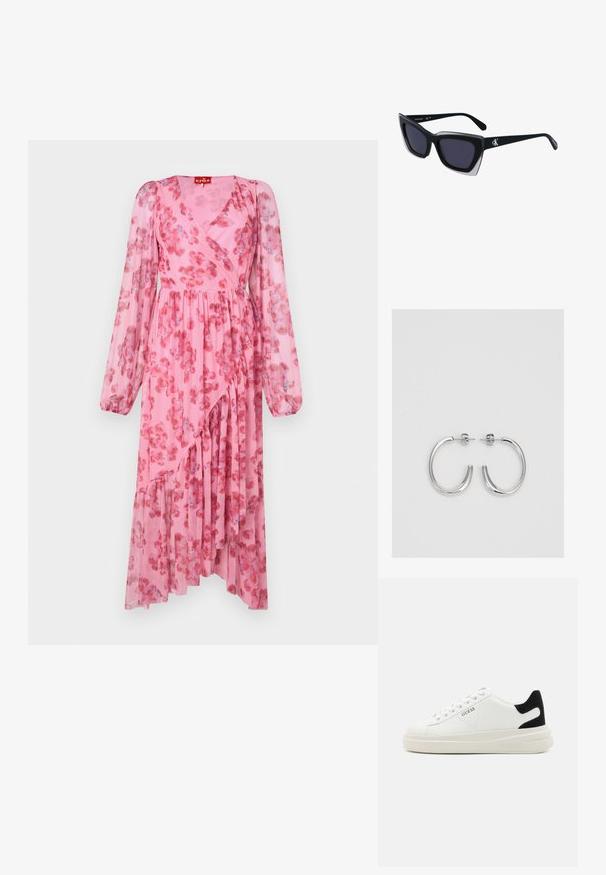 Ροζ λουλουδένιο φόρεμα με μακριά μανίκια, σχέδιο τύπου περιτύλιξης, πλισέ φούστα, κατασκευασμένο από διάφανο ύφασμα με διασκορπισμένα κόκκινα και μπλε λουλουδάκια.; Λευκά δερμάτινα αθλητικά παπούτσια με χοντρή λευκή σόλα, μαύρη σουέτ λεπτομέρεια στην φτέρνα και ανάγλυφο λογότυπο στο πλάι. Σχέδιο με κορδόνια και έξι θηλιές.; Μαύρα υπερμεγέθη γυαλιά ηλίου με γεωμετρικό σχήμα, διαθέτοντας σκούρους φακούς και αντίθεση γκρίζα λεπτομέρεια στη σκελετό. Λογότυπο στον βραχίονα.; Ασημένια σκουλαρίκια κρίκοι με λεία, λαμπερή φινίρισμα. Στρογγυλό σχήμα, ελαφρύ σχέδιο, με κλείσιμο τύπου πίσω.